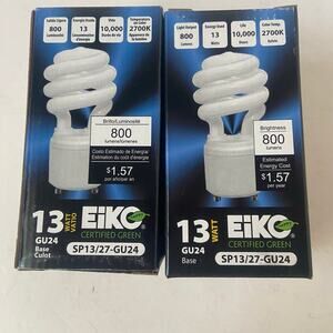 EIKO SP13/27-GU24 -13 Watt Spiral Fluorescent Bulb GU24 Base 2700K Warm Lot of 2